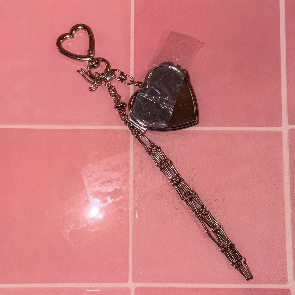 Lip Tint Holder Ribbon Heart Mirror Charm Silver Tone Y2K